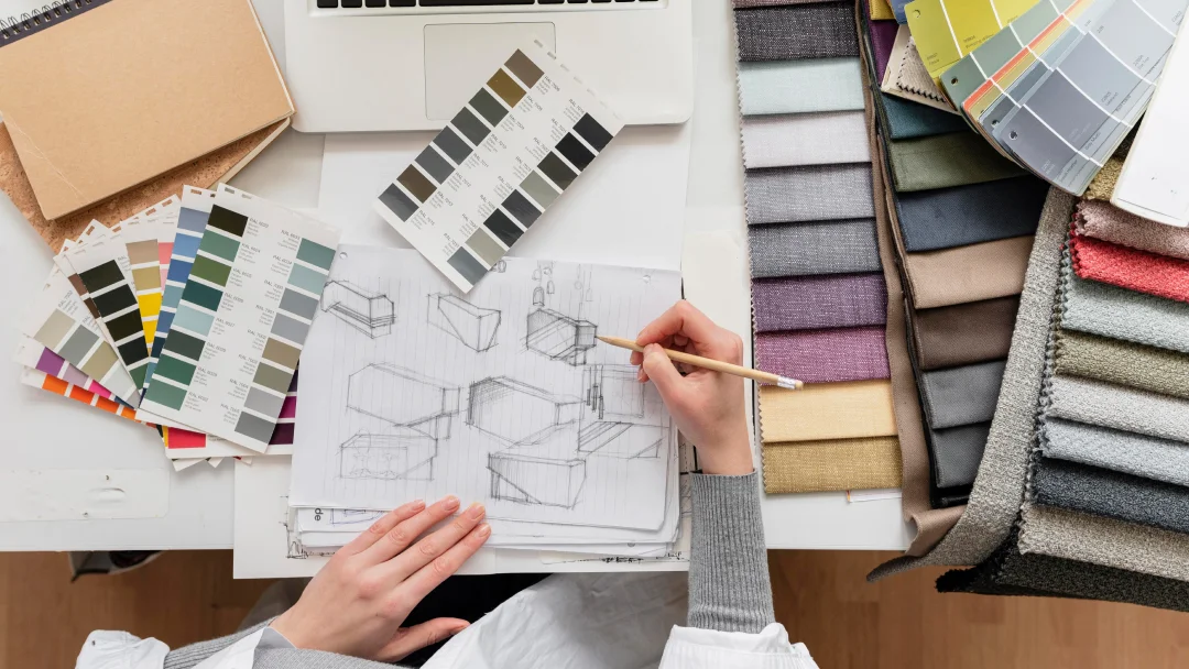 Une personne travaille sur un projet de design d'intérieur, entourée de divers échantillons de couleurs vives.