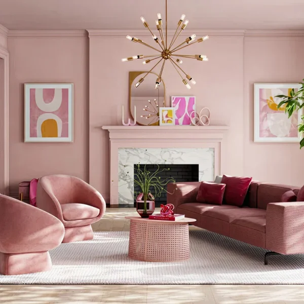 Un salon avec des murs et des meubles roses, illustrant les tendances déco de 2025.