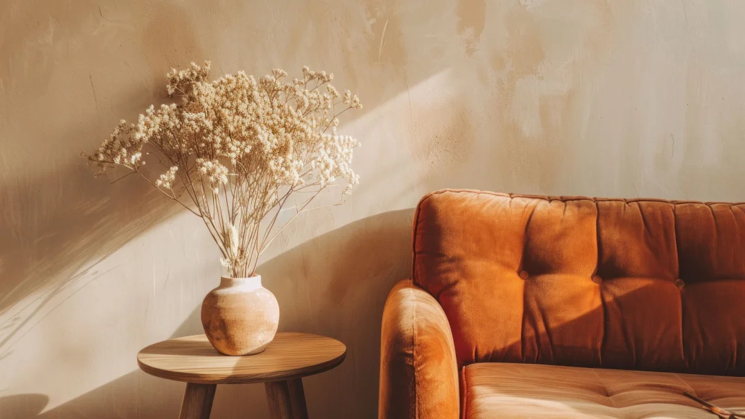 Un vase de fleurs séchées sur une table à côté d'une chaise, illustrant les tendances déco 2025.